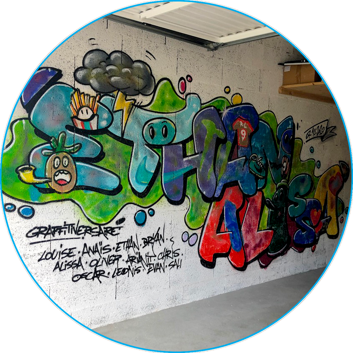 animation d'un anniversaire original, ludique et créatif avec GRAFFITIversaire avec notre atelier de customisation et décoration au spray sur mur avec un prénom en lettres graffiti